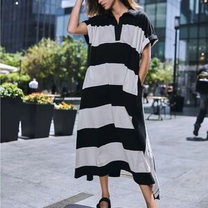 Alembika | Urban Rugby Stripe Maxi Dress Black & Taupe | 16